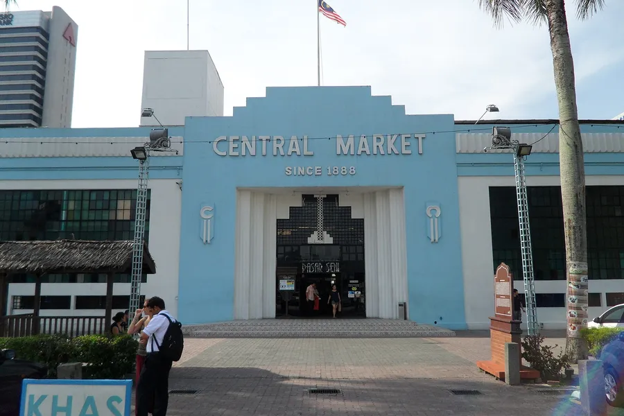 the art deco facade of central market (pasar seni) on jalan hang kasturi, kuala lumpur