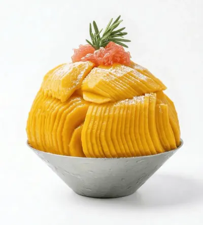 sunlit frost, ripe mango fanned over shaved milk ice